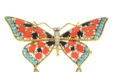 A mid 20th century 18ct gold and platinum, diamond, coral, turquoise and onyx butterfly brooch.