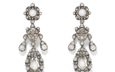 A pair of natural pearl and diamond pendent earrings,, second quarter of 19th Century