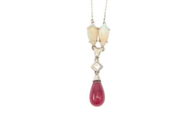 An opal, diamond and pink tourmaline pendant necklace...