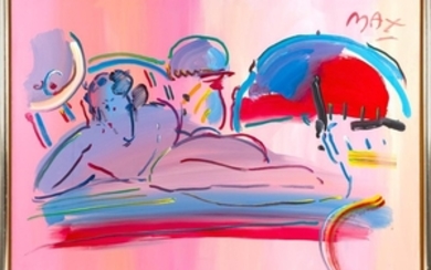 PETER MAX, New York/Germany, b. 1937, Reclining nude., Oil on canvas, 37" x 49". Framed 39" x 51".