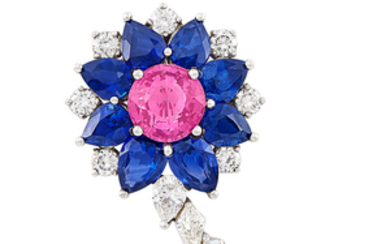 Platinum, Pink Sapphire, Sapphire and Diamond Flower Brooch