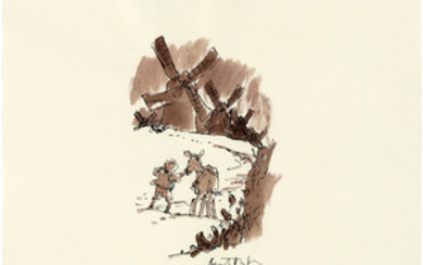 Quentin Blake (b. 1932), Sancho Panza and Dapple approach the windmills