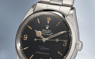 Rolex, Ref. 5500 inside case back stamped IV.62 A very attractive and incredibly rare stainless steel wristwatch with bracelet and "double Swiss exclamation mark" dial