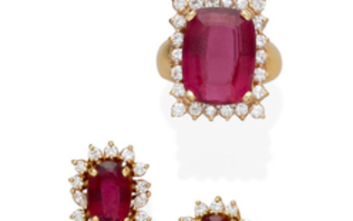 A tourmaline, diamond and gold ring and pair of ear clips