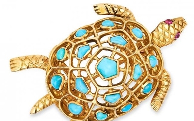 TURQUOISE AND RUBY TURTLE BROOCH, BOUCHERON set with