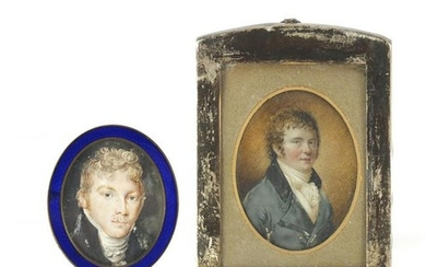 Two antique oval hand painted portrait miniatures of