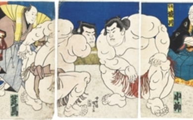 UTAGAWA KUNISADA I (1786–1864) SUMO WRESTLERS KOYANAGI AND ARAUMA, WITH SENIOR WRESTLER TOSHIYORI SAKAIGAWA AND REFEREE (GYOJI) SHIKIMORI KICHIRO