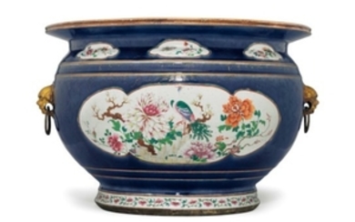 A VERY LARGE BLUE-GROUND FAMILLE ROSE FISH BOWL, QIANLONG PERIOD, MID-18TH CENTURY