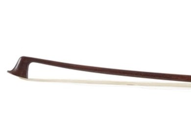 A Violin Bow Silver-mounted ebony frog, round pernambuco stick,...