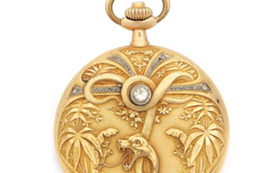 Zenith. An 18K gold and stone set keyless wind full hunter pocket watch with snake relief