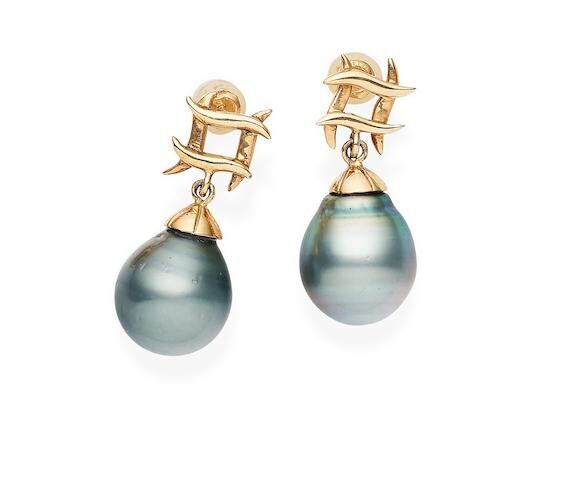 A pair of cultured pearl and gold pendant earrings