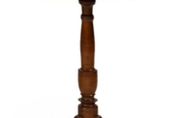 QUEEN ANNE CANDLESTAND In walnut and maple. Cut-corner top set on an urn-form pedestal raised on cabriole legs ending in snake feet....