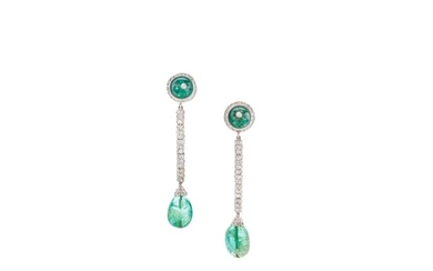 Pair of Emerald and Diamond Pendant-Earclips