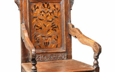 A mid-17th century joined oak and marquetry-inlaid panel-back open armchair, Yorkshire, circa 1640-60 and later