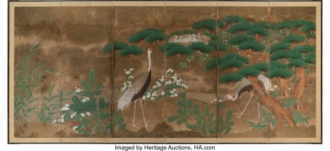67349: Japanese School Cranes and Pines, Edo Period S