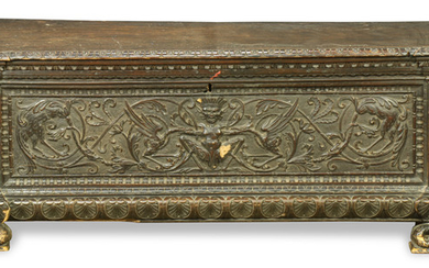 Massive Baroque style ebonized oak blanket chest