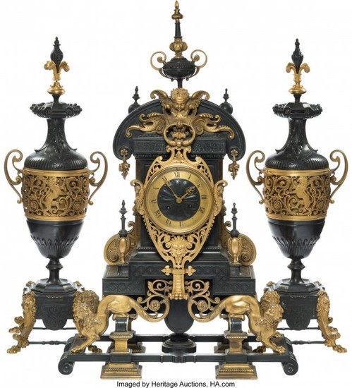 74349: A Three-Piece French Partial Gilt Bronze Clock G