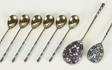 8 Russian Enameled Silver Gilt Spoons