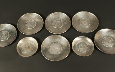 8 Small Silver Chinese Dragon Dollar Coin Dishes