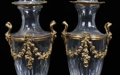 FRENCH CRYSTAL & BRONZE MOUNTED COVERED URNS, PAIR