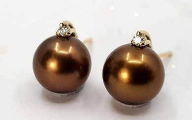 8x9mm Round Chocolate Pearls - 14K Yellow Gold - Earrings - 0.04 ct