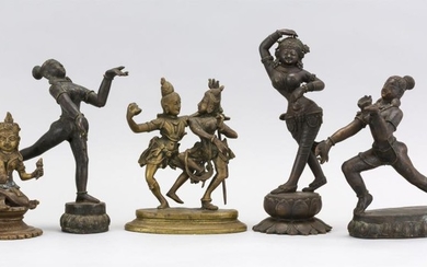 FIVE INDIAN BRONZE FIGURE GROUPS A female dancer, height 8", a dancer holding an oil lamp, height 7.25", a dancer on a double lotus...