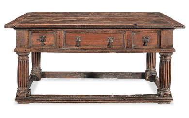 A 16th century joined walnut centre table, with drawers, Italian, circa 1580