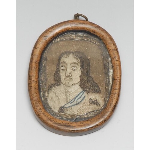 A 17th century needlework portrait miniature, embroidered in...