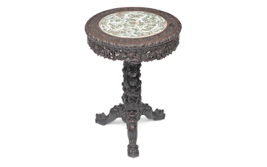 A 19TH CENTURY CHINESE CANTON HARDWOOD AND PORCELAIN MOUNTED TABLE