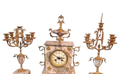 A 19TH CENTURY GILT BRASS AND ROUGE MARBLE CLOCK GARNITURE S...