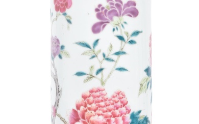 A 19th century Chinese Kangxi mark porcelain sleeve vase. The cylindrical vase being hand painted floral sprays in polychrome enamels with flared rim and cylindrical body. Measures approx. 31cm tall.