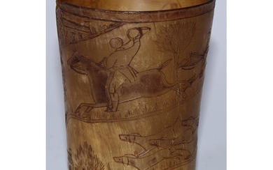 A 19th century horn and scrimshaw beaker, sgraffito engraved...