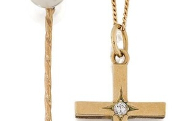 A 9ct gold and diamond cross pendant and a cultured pearl stick pin, the pendant designed with a single circular cut diamond to the centre, pendant length 3.2cm, Sheffield hallmarks, 1994, to a neckchain, length 46.0cm; the stickpin with cultured...