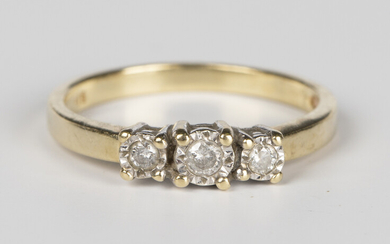 A 9ct gold and diamond three stone ring, mounted with a row of circular cut diamonds, detailed '
