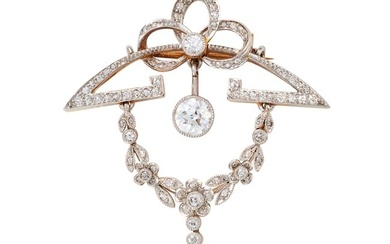 A BELLE EPOQUE DIAMOND BROOCH the scrolling body set with single and old cut diamonds, suspending...