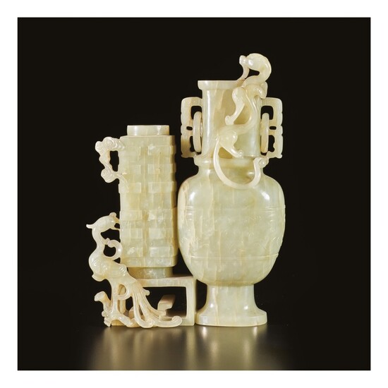 A CELADON JADE 'CHILONG AND PHOENIX' DOUBLE VASE GROUP, QING DYNASTY, 18TH / EARLY 19TH CENTURY
