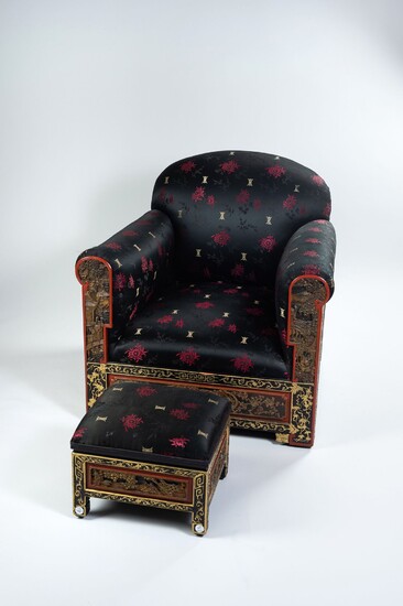 A CHINESE ART DECÓ ARMCHAIR WITH MATCHING FOOT STOOL