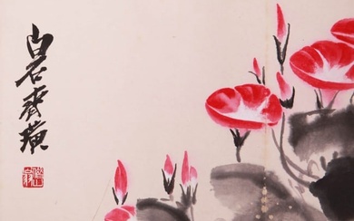 A CHINESE FLOWER PAINTING ON PAPER, MOUNTED, QI BAISHI MARK