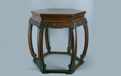 A CHINESE HEXAGONAL CARVED WOOD STAND. 17th Century. Of hexagonal section, the top inset with a circular floating panel, waisted and bulging to an apron set on each side beautifully incised with a pair of bats separated by a circular shou character...