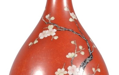 A CORAL-RED GROUND FAMILLE ROSE PLUM BLOSSOM VASE, YUHUCHUNPING