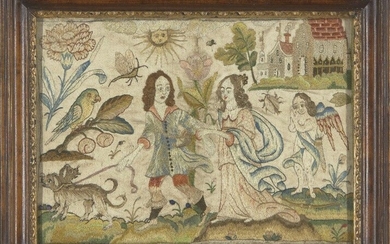 A Charles II silk embroidered panel, c.1660-70, with a courting couple walking two dogs, surrounded by Cupid to the right side, a parrot to the left, a carnation, sun, church and houses, in a later frame, 16.5 cm x 23cm Provenance: With Avon...