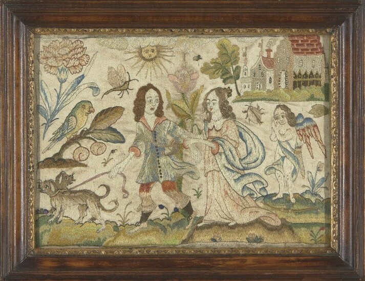 A Charles II silk embroidered panel, c.1660-70, with a courting couple walking two dogs, surrounded by Cupid to the right side, a parrot to the left, a carnation, sun, church and houses, in a later frame, 16.5 cm x 23cm Provenance: With Avon...