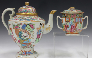A Chinese Canton famille rose porcelain teapot and cover, mid-19th century, painted with figures and