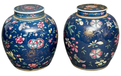 A Chinese blue-ground ginger jar vase couple with