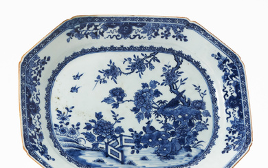 A Chinese porcelain dish, Qianlong (1736-1795), octagonal brim, river landscape decoration with pagodas and pine in underglaze blue, checkered border in the hillock.