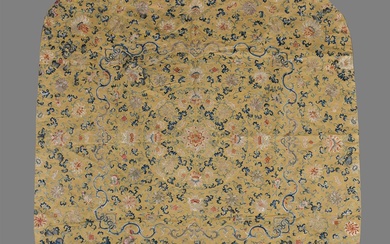 A Chinese yellow ground 'Peonies' silk throne cover