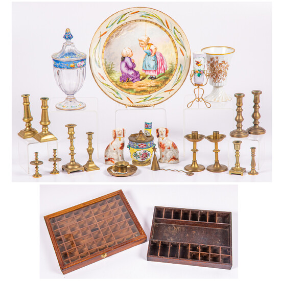 A Collection of Continental Porcelain, Brass and Wood Decorative Items, 19th/20th Century