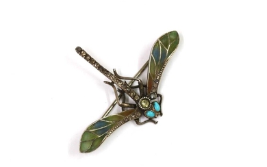A Continental Art Nouveau silver plique-à-jour enamel, turquoise and paste set dragonfly brooch