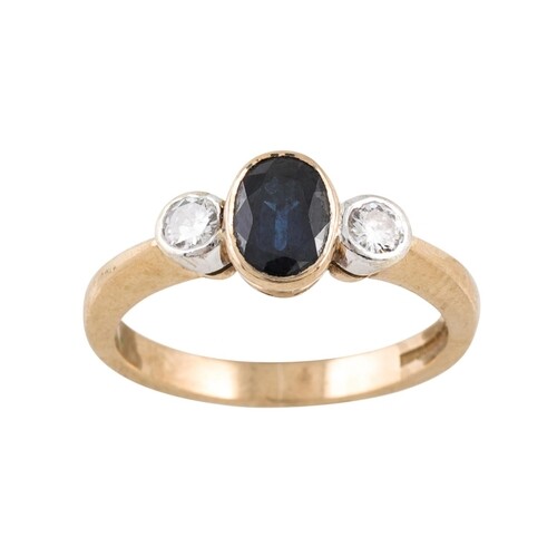 A DIAMOND AND SAPPHIRE THREE STONE RING, collet set in 9ct y...