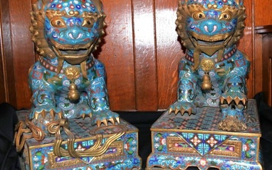 A FINE PAIR OF CHINESE CLOISONNE ENAMEL BUDDHIST LIONS